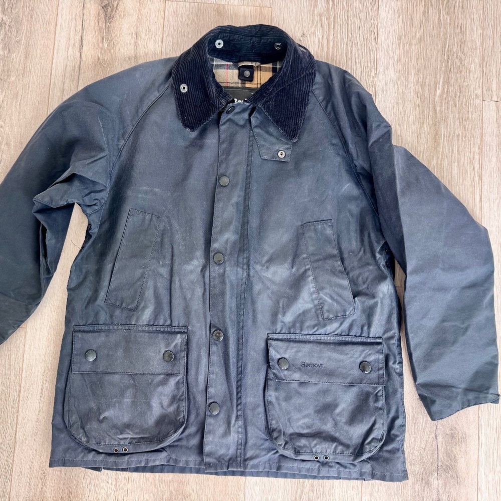 Barbour Bedale Size 38 Quilted Waxed Canvas Jacket Navy
